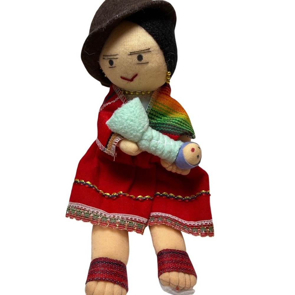 Handmade Peruvian Cloth Doll Traditional Andean Mother and Baby Red Dress 9 inch